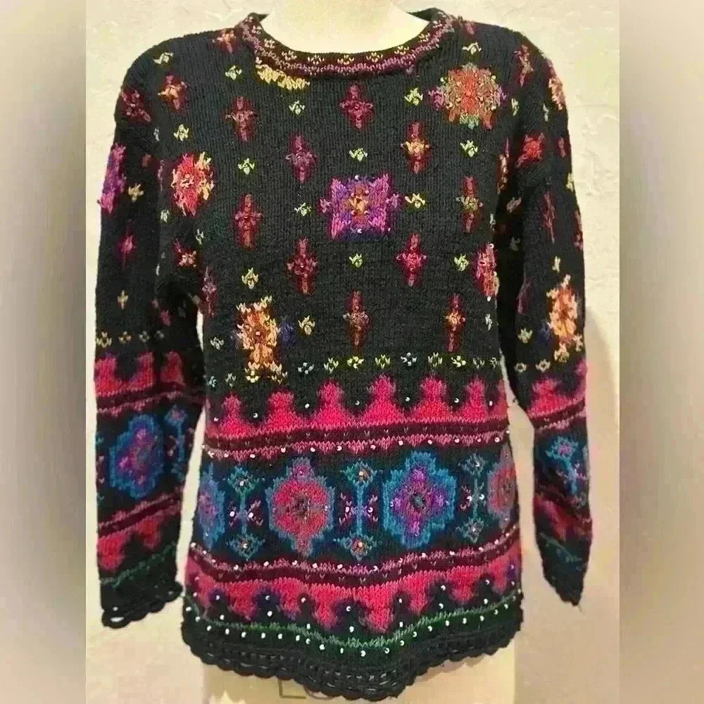 VTG Casual Corner Women’s S Limited Edition Hand Knit‎ Sweater Grannycore Beaded